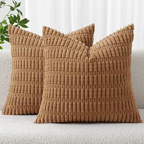 MIULEE Pack of 2 Corduroy Decorative Throw Pillow Covers, 18x18 Inch, Boho Striped, Brown Soft, Modern Farmhouse, Home Decor, for Sofa Living Room Couch Bed