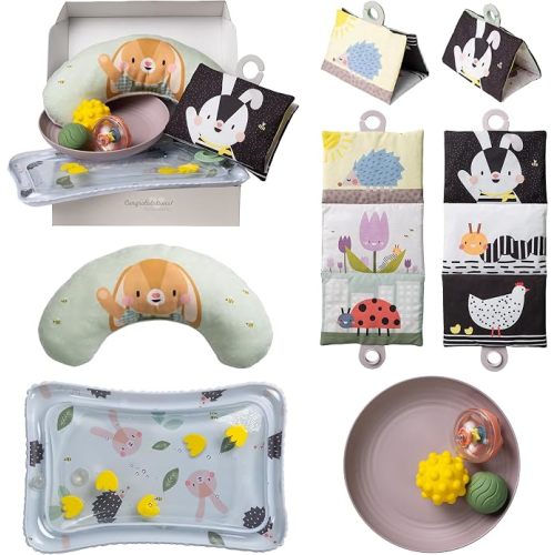 Taf Toys Baby Tummy Time Kit High Contrast Black and White Crinkle Book, Tummy Time Support Cushion, Baby Activity Water Mat, Sensory Balls, Plate - Newborn Infant Sensory Toy Set 0 Month. Gift Set