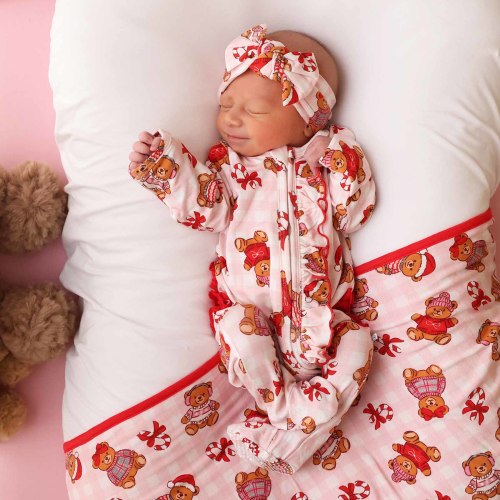 Beary Christmas Ruffle Zipper Footie | Pink