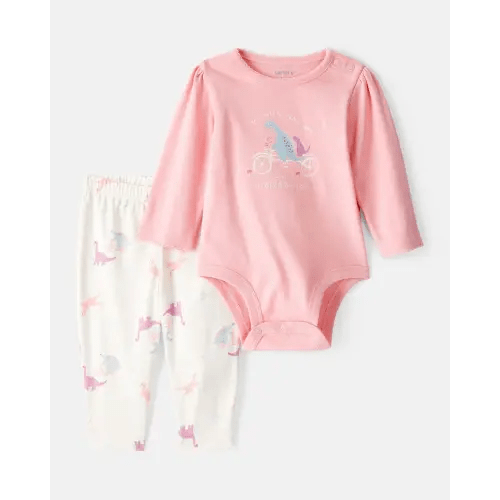 Baby Girl 2-Piece Dinosaur Print Cotton Long-Sleeve Bodysuit & Pant Set - Pink/White | Carter's