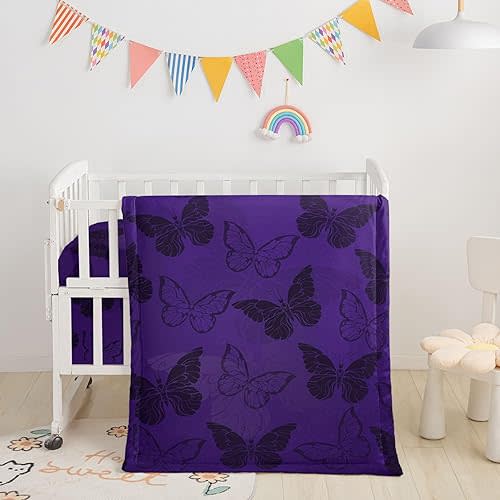 Crib Bedding Set,3pcs Nursery Black and Purple Butterfly Printed Crib Bedding Set,with Comforter Sheet & Skirt for Baby Boys and Girls(Butterfly-3)