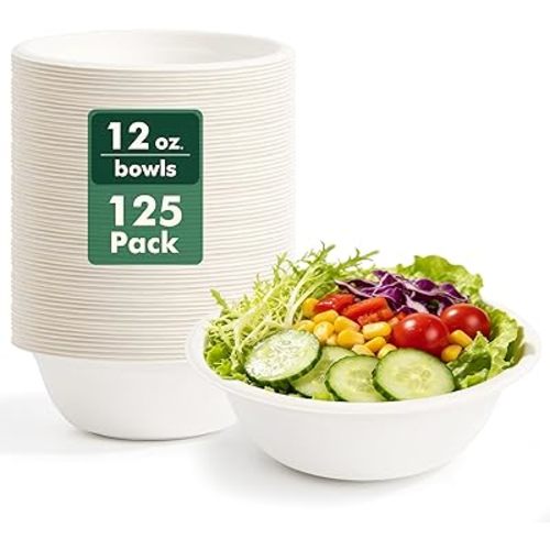 Paper Bowls 12 oz [125 Pack], Disposable Compostable Soup Bowls, Heavy Duty Biodegradable White Bowls Bulk, Made of Natural Sugarcane Fibers, For Dessert, Cereal, Salad, Ice cream