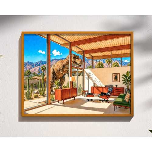 Mid-Century Modern Dinosaur Art Palm Springs T-Rex Print Retro Atomic Age Dark Humor Archival Paper