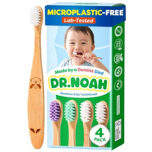 Dr. Noah Microplastic-Free Bamboo Baby Toothbrush, Dentist Designed, 4 Pack | 656 Substances Safety Tested | BPA, PFAS & Phthalate Free | Extra Soft Bristles | Infant to Toddler, 6-12 Months, Age 2-4