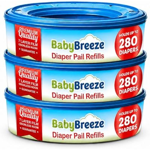 BabyBreeze Diaper Pail Refill Bags Compatible with Playtex Diaper Genie Pails Odor Absorbing Diaper Disposal Trash Bags - 840 Count (3-Pack)