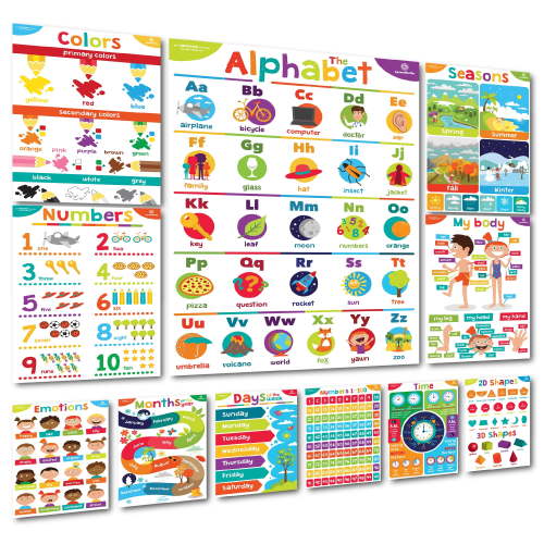 Sproutbrite Educational Posters and Classroom Decorations for Preschool - 11 Early Learning Charts for Pre-K, Kindergarten, Daycares and Home School