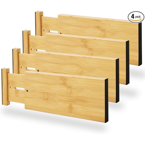 BAMEOS 4" High Bamboo Drawer Dividers - Adjustable Small Drawer Organizer - Kitchen, Dresser, Bathroom, Bedroom & Office - 4-pack