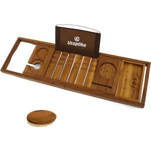 Utoplike Teak Bathtub Caddy Tray Bath Tray for Tub, Unique Bathtub Organizer with Book Tablet Wine Glass Cup Towel Holder, Adjustable, for Your Loved