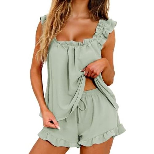 Ruffle Pajama Set for Women Floral 2 Piece Lounge Set Cami Top and Shorts Summer Pj Sleepwear