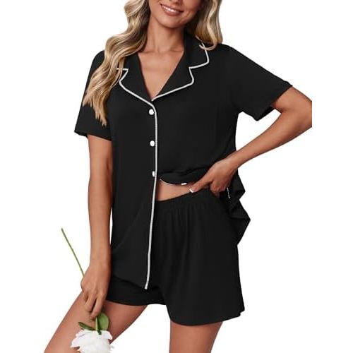 Ekouaer Pajamas Set for Women 2 Piece Pjs Short Sleeve Sleepwear Button Down Lounge Shorts Sets S-XXL