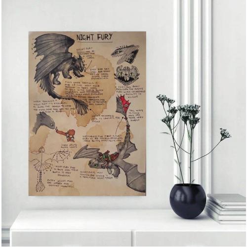 Night Fury Wall Art, How to Train Your Dragon Poster, Dragon Sketch Canvas, Fantasy Art Print, Kids Room Decor, Movie Inspired Gift