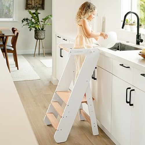 Comfy Cubs Kids Step Stool for Ages 3+, 3 Height Adjustable Toddler Tower, Montessori Furniture Designed in The US - Toddler Standing Tower for Kitchen Sink & Bathroom Access - White