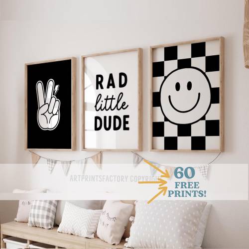 Rad Little Dude, printable art, Black And white, Checkered Smiley,Face Wall Art, Lightning Bolt Print, Gift For Boys Room, Toddler Room art