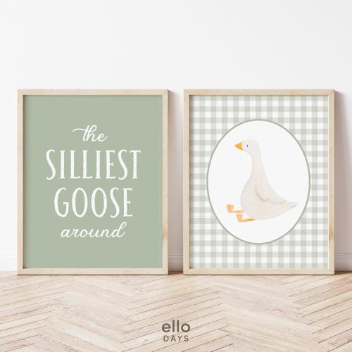 Silly Goose Wall Art Silliest Goose Around Prints Set of 2, Sage Green Nursery Wall Decor, Cottage Core Baby Toddler Room Aesthetic