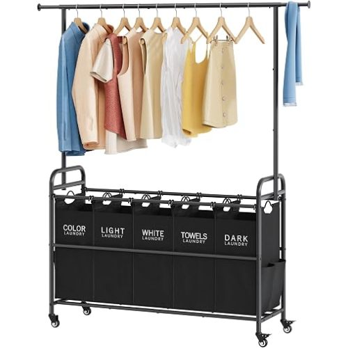 Tajsoon Laundry Sorter with Hanging Rack, 5 Section Laundry Sorter, Black