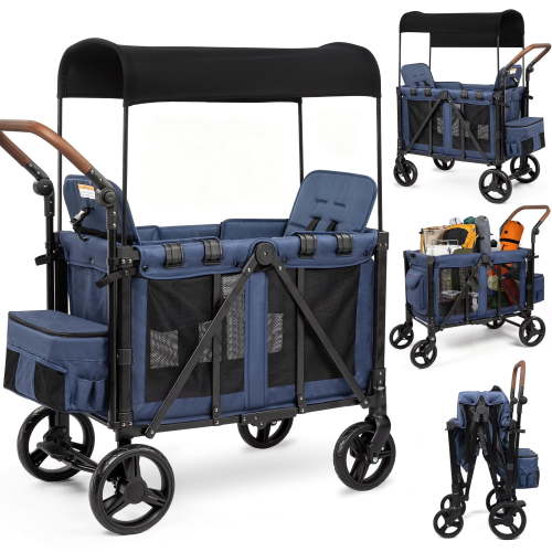 Vomeast Wagon Stroller for 2 Kids, 3-in-1 Outdoor Baby Stroller Wagon with Canopy, 5-Point Harness, Adjustable Handlebars, Removable Seat for Toddlers, Blue