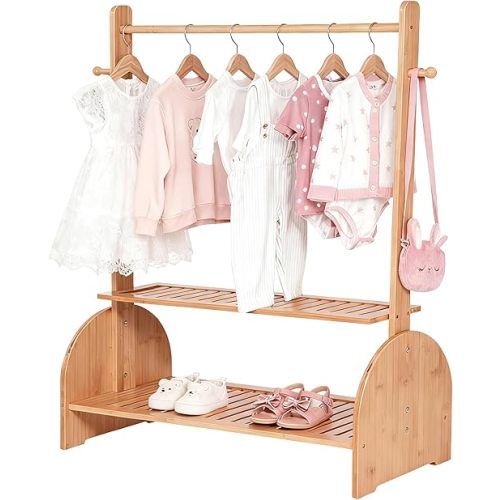 Kids Clothing Rack with Adjustable Rods, Children Clothes Garment Rack for Kids Baby Pet, Kids Dress Up Rack with 2 bottom shelves, Kids Wardrobe Closet for Toddlers Nursery