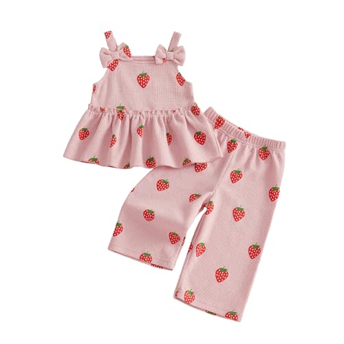VISGOGO Infant​ Toddler Baby Girl Strawberry Outfit Sleeveless Waffle Cami Tank Ruffle Tops Pants Summer Clothes
