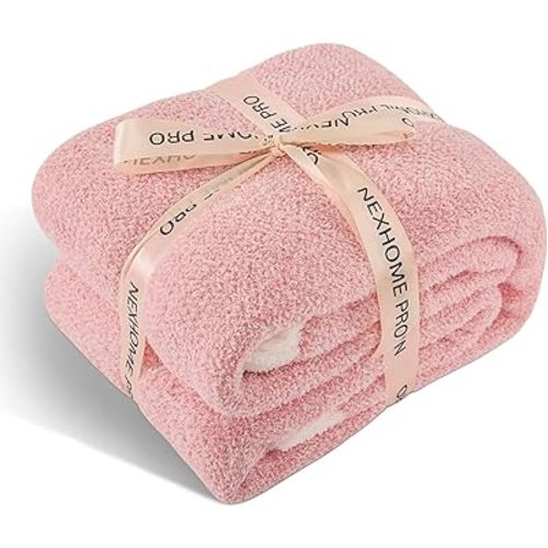 NEXHOME PRO Soft Blankets Pink Twin Size, Cozy Throw Blanket for Couch, Warm Reversible Knit Blanket for Women, Fuzzy Lightweight Throws for Sofa, Bed, Picnic, Heather Hot Pink, 60 x 80 inches