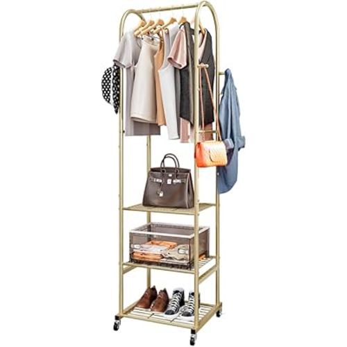 Amazon.com: SUOERNUO Clothes Rack With Wheels and 3-Tier Metal Shelves,Clothing Rack For Hanging Clothes With 4 Hooks,Garment Rack Wardrobe Organizer for Small Space,Black (gold, 16.54 * 18.23 * 72.05) : Home & Kitchen