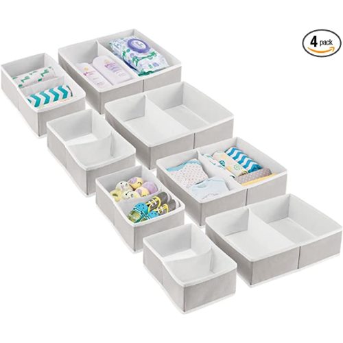 mDesign Fabric Drawer Organizer Bins, Kids/Baby Nursery Dresser, Closet, Shelf, Playroom Organization, Hold Clothes, Toys, Diapers, Blankets, Jane Collection, Set of 2, 4 Pack, Light Gray/White