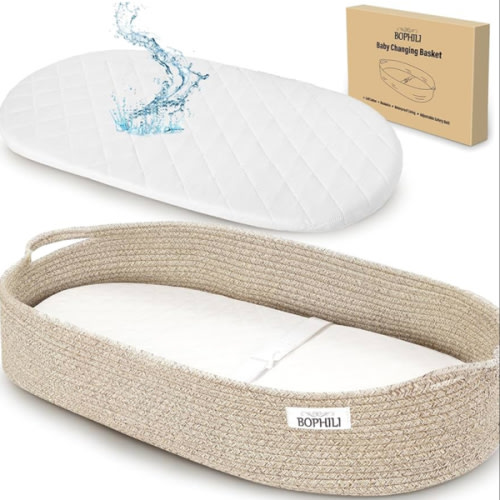 Baby Changing Basket w/Foldable Baby Changing Pad and Waterpoof Cover, Premium Handmade Cotton Rope Reinforced Moses Baskets Changing Table Topper, Built-in Security Strap (Warm Brown)