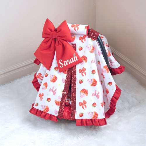 Red Strawberry Baby Girl Car Seat Cover Canopy - Personalized Bow Embroidery - Gift for Newborn - Baby Car Seat Accessories - FREE SHIPPING