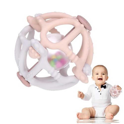 Baby Rattle Teether Toys, Infant Sensory Teething Toys, Silicone Chew Toy with Rattles for Babies 0-3-6-12 to 18 Months, Boys Girls Baby Shower Gifts(Cream)