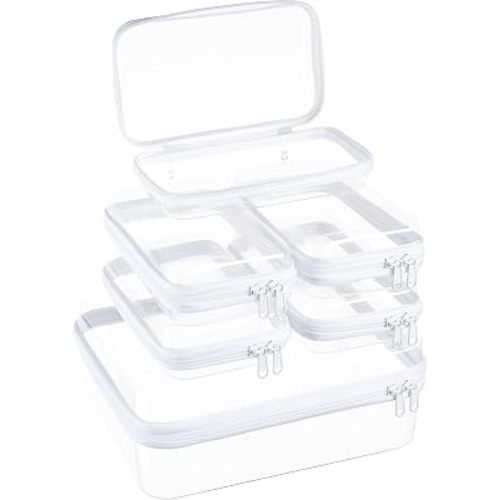 6 pcs Zipper Pouches, Hard Shell Toiletry Bag, Stackable Travel Organizer, Cosmetic Bags, Transparent Diaper Bag, Storage Cases (Tall M + 5S)
