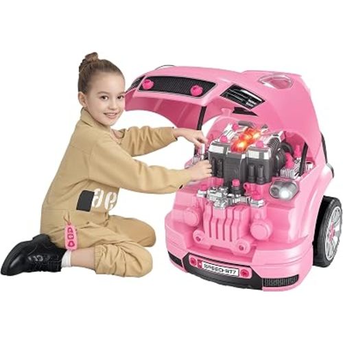 Qaba Truck Engine Toy Kids Mechanic Set with Lights for Kids Aged 3+ Pink