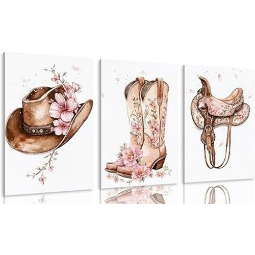 Tertiosh 3Pcs Western Cowgirl Canvas Wall Art Retro Western Flower Boots Hats Wall Decoration Pictures Girls Room Paintings Artwork Preppy Prints for Living Room Bedroom Dorm Decor 12x16in