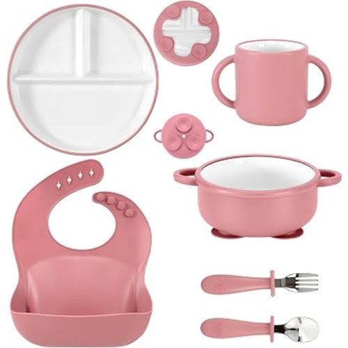 6 Pcs Ceramic Baby Plates Bowls Set with Suction Sleeves Spoons Forks