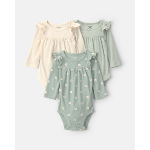 Baby Girl 3-Pack Bear Long-Sleeve Multipack Bodysuits - Cream/Green | Carter's