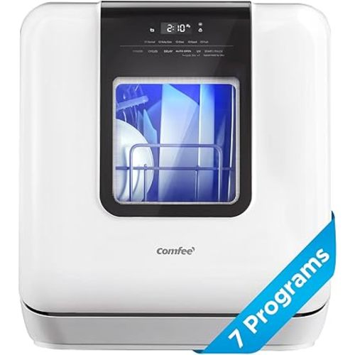 COMFEE' Countertop Dishwasher, Portable Dishwasher with 6L Built-in Water Tank, Mini Dishwasher with More Space Inside, 7 Programs, UV Hygiene& Auto Door Open, for Apartments, Dorms& RVs, White
