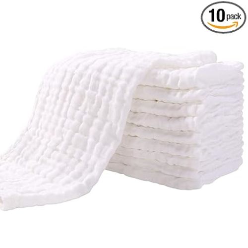 Yoofoss Muslin Burp Cloths for Baby 10 Pack 100% Organic Cotton Baby Washcloths for Boys Girls Large 20''X10'' Super Soft and Absorbent White