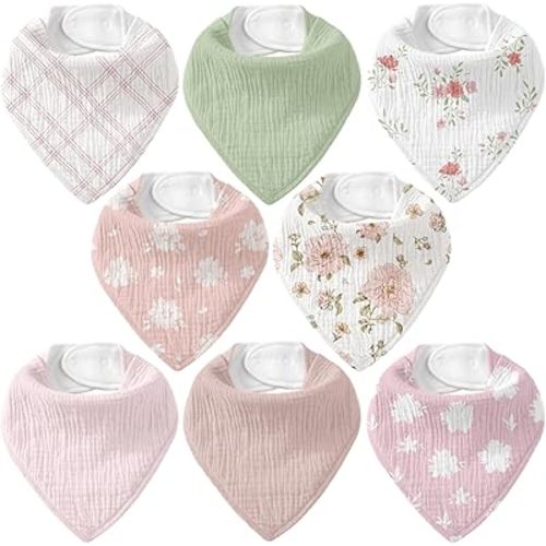 Muslin Baby Bibs 8 Pack, Baby Bandana Drool Bib for Drooling and Teething, Cotton Soft Absorbent for Girls Boys Garden