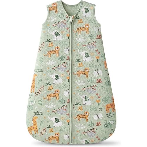 1.0 TOG Baby Sleep Sack 0-6 Months，Cotton Quilted Wearable Blanket Baby Boy Girl Sleeping Sack, 2-Way Zipper Sleeping bag for Newborn and Infant Green Animal(Small)