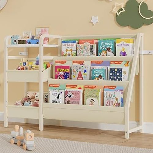 B4 Kids Bookshelf and Toy Storage, Book Shelf for Kids Rooms, Toddler Bookshelf for Kids, 3-Tier Sling Baby Bookshelves, Montessori Baby Bookcase for Nursery, Bedroom, Playroom, White