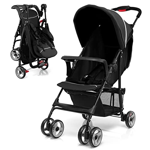 HONEY JOY Travel Stroller, Quick Fold Lightweight Baby Umbrella Stroller for Airplane, Adjustable Canopy & Backrest, Storage Basket, Removable Meal Tray, Compact Stroller Newborn and Toddler(Black)