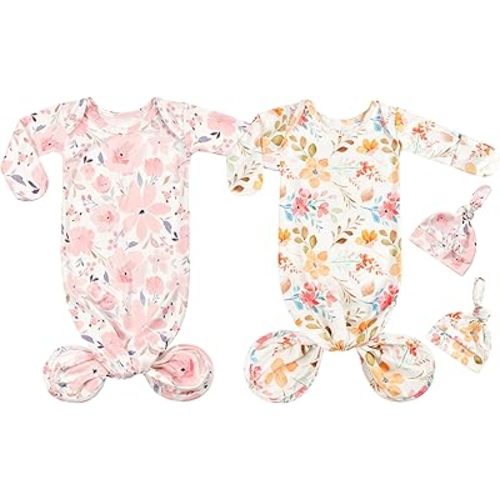 Newborn Baby Knotted Gown Sleeper Gown with Mittens Long Sleeve Nightgown Baby Coming Home Outfit with Hat 2 Pieces