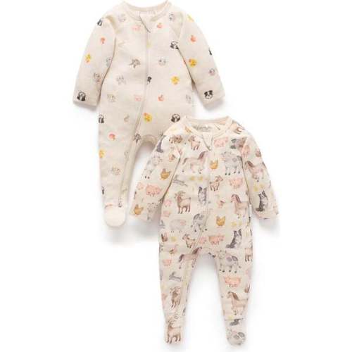 Maisonette - Printed Zip Footie 2 Pack Farm Animals Print - Purebaby | Maisonette