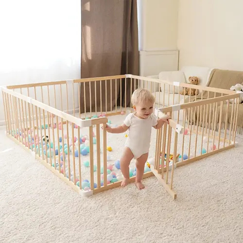 Wooden Baby Playpen -79 * 59 * 24 in, Large Wood Gate Playpen for Babies and Toddlers, Baby Fence Play Yard with Door for Kids Activity Center