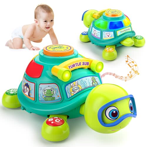 Musical Turtle Baby Toys 6-12 Months, Bilingual Educational Crawling Toys 7 8 9 10 Months, Light up Infants Tummy Toy with Sound, Number, Letters, Gifts Present for Baby 4 5 6 12 Month