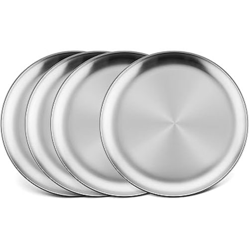 HaWare 18/8 Stainless Steel Plates, 4-Piece Metal 304 Dinner Dishes for Kids Children Toddlers, 9 Inch Feeding Serving Camping Plates, Reusable and Dishwasher Safe