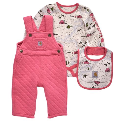 Carhartt baby-girls Long-sleeve Bodysuit, Overalls, and Food Bib 3pc Set