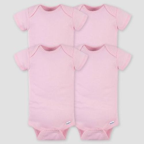 Gerber Baby Girls' 4pk Short Sleeve Bodysuit - Pink 12M: Cotton Ribbed Bodysuits, Lap Shoulder, Crotch Snap Closure