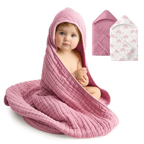 Baby Girl Bath Towels, 100% Muslin Cotton Hooded Baby Towels for Newborn, 2 Pack Baby Towels with Hood for Infant Toddler and Kids, Large 32x32Inch Bath Essentials, Soft and Absorbent