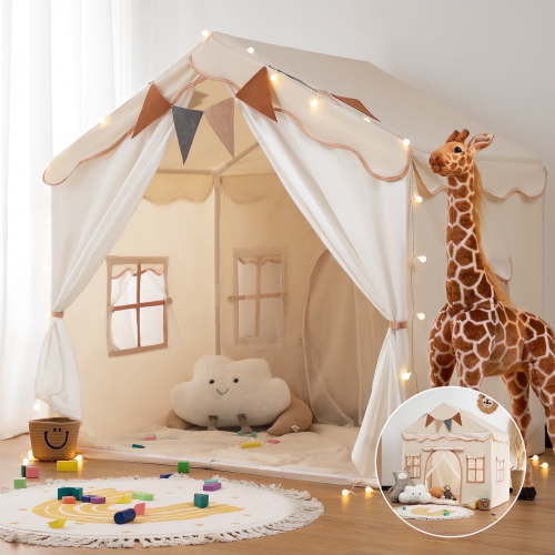 Besrey Toddler Playhouse for Boys and Girls,Kids Play Tent Indoor & Outdoor,Child Play Tent with Padded Mat and Lights,Beige