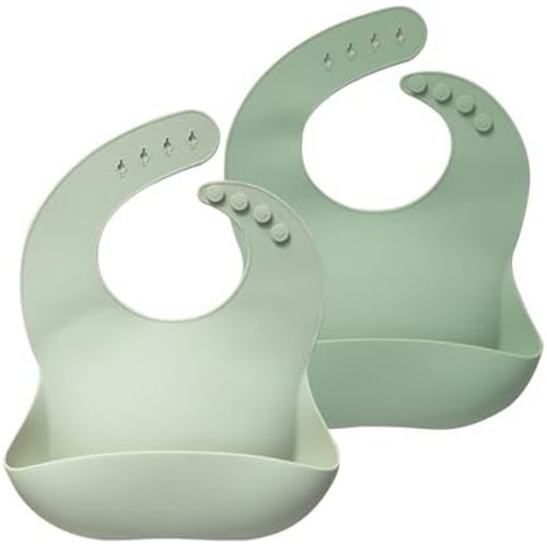 Moonkie Silicone Baby Bibs Set of 2, BPA Free Waterproof Baby Bibs for Eating, Soft Adjustable Silicone Bibs for Babies 6-12 Months, Toddler Bibs with Pocket Food Catcher (Frosted Mint/Celadon Green)