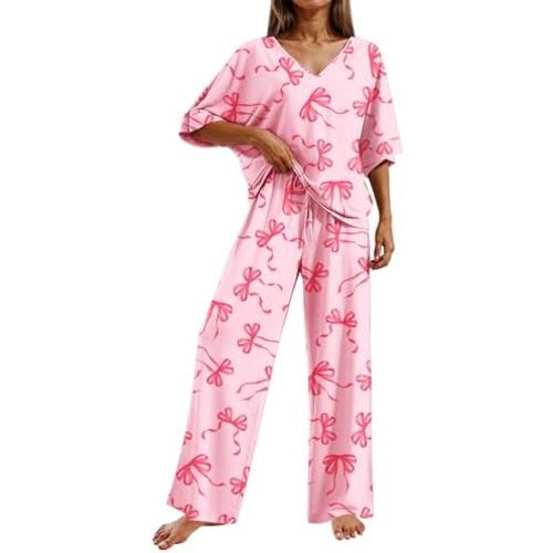Ekouaer Pajama Sets Womens 2 Piece Short Sleeve Long Pants Pjs Lounge Set